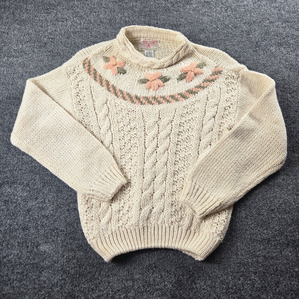 American Weekend Sweater Womens S Cream Excellent Hand Knit Floral Cable (T9)